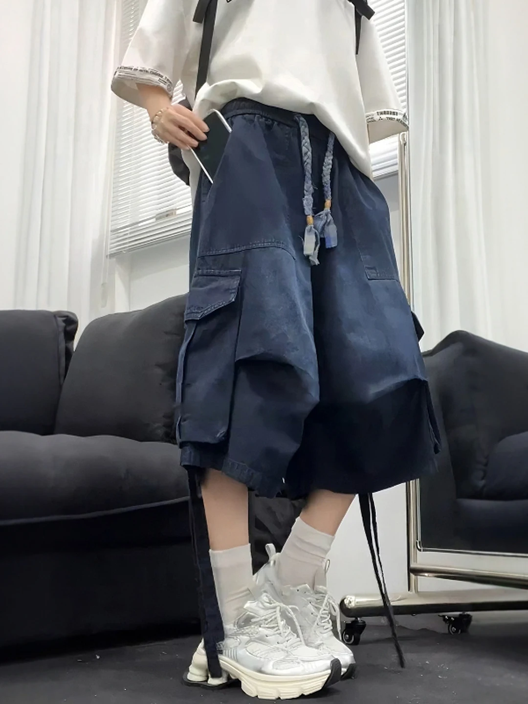 

Мужские летние тонкие плиссированные шорты Blue Bamboo Node Seven с завязками, американские ретро-джинсовые шорты с широкими штанинами, повседневная рабочая одежда