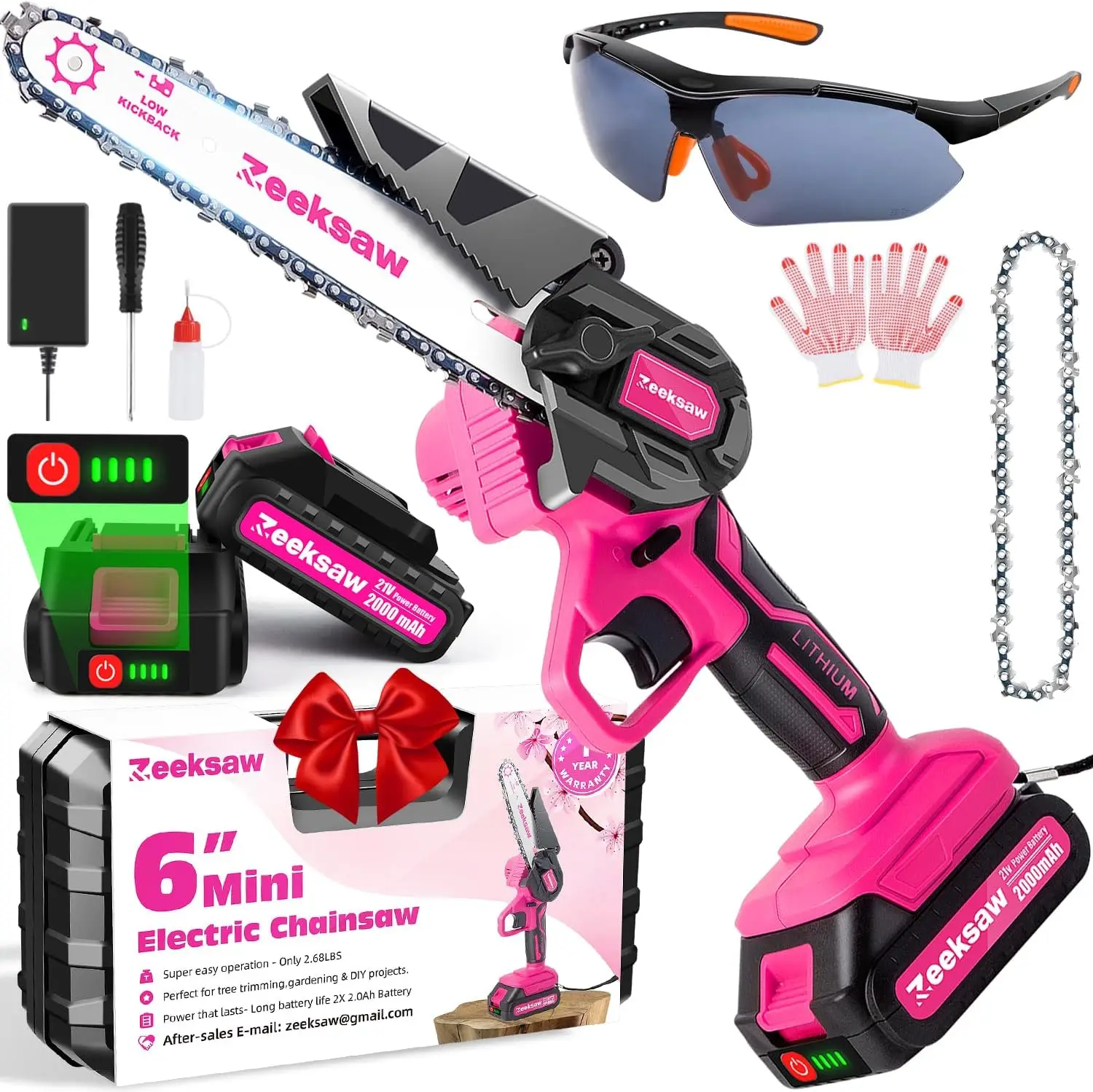 

Pink Mini Chainsaw Cordless 6 inch - Electric Hand Held Chain Saw Battery Powered with Power Indicator - Rechargeable Portable S