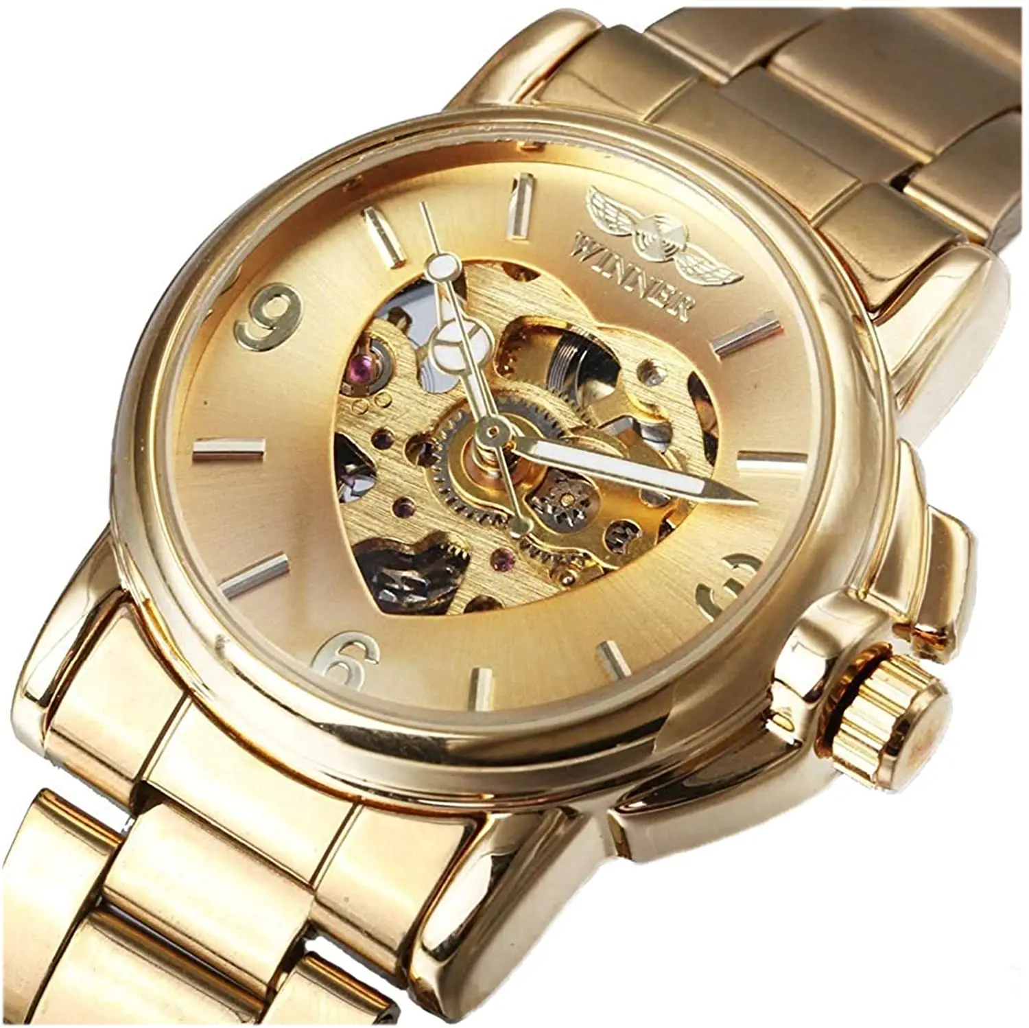 Winner Luxury Women Automatic Mechanical Gold Watch Unique Heart Shaped Hollow Dial Stainless Steel Strap