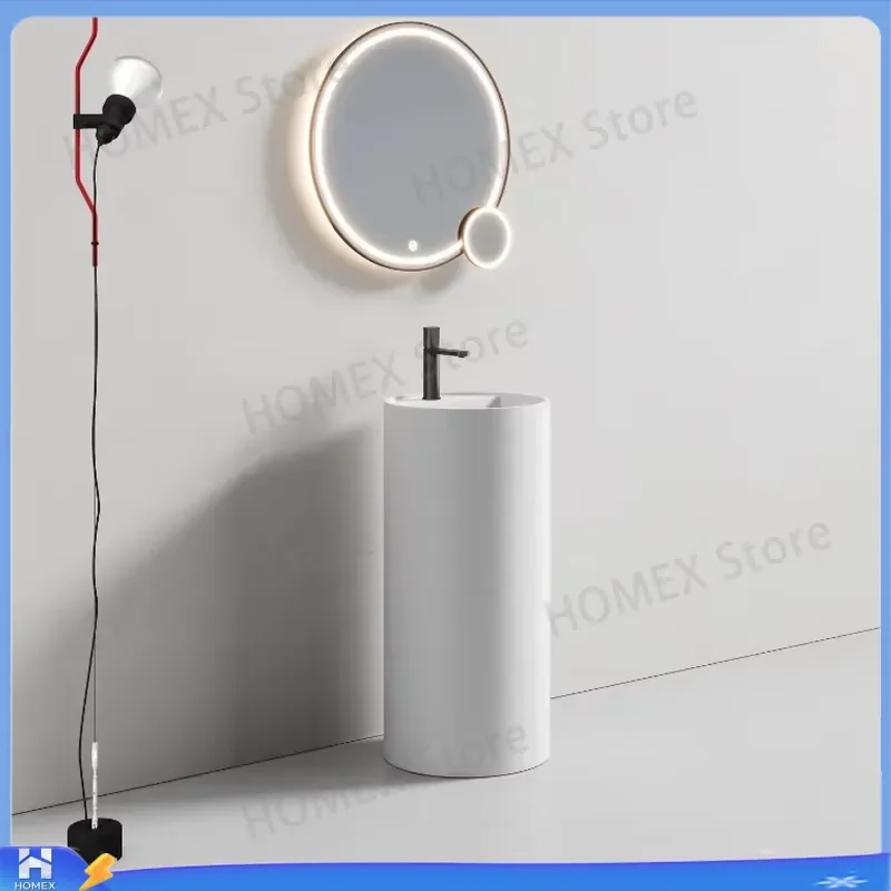 Freestanding Artificial Stone Basin Sink with Faucet Hole Modern Bathroom Washbasin for Hotel Villa Home Decor Solid Surface