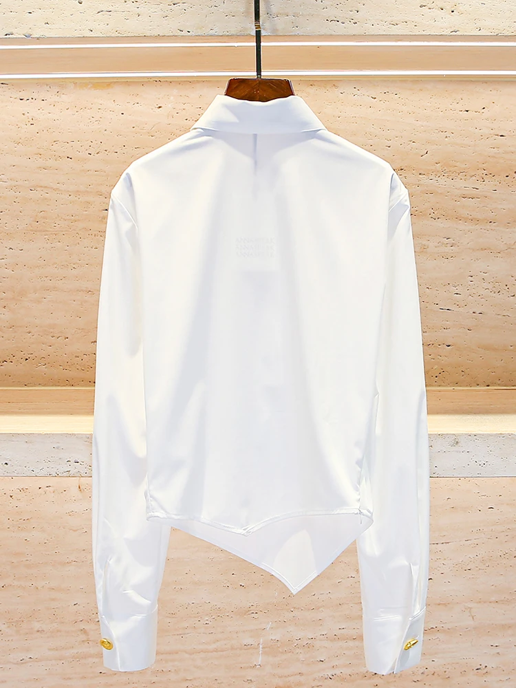 قميص نسائي راقٍ بأسلوب الكلية مع ربطة عنق، ياقة بيضاء قابلة للطي، قصة مستقيمة، أكمام طويلة، ياقة بولو، مقاس منتظم، مناسب للعمل