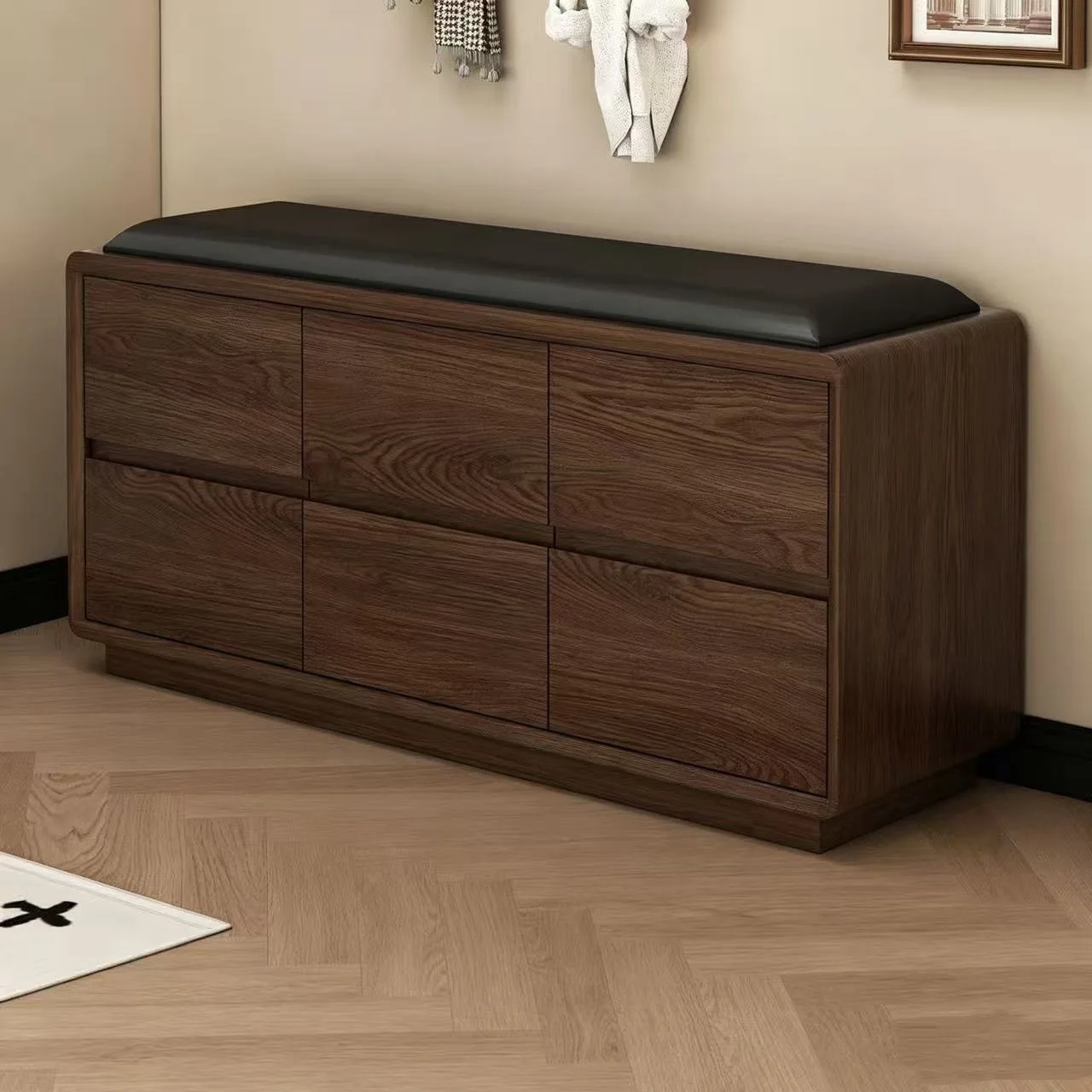 Medieval solid wood shoe changing stool household seated shoe cabinet door black retro storage shoe
