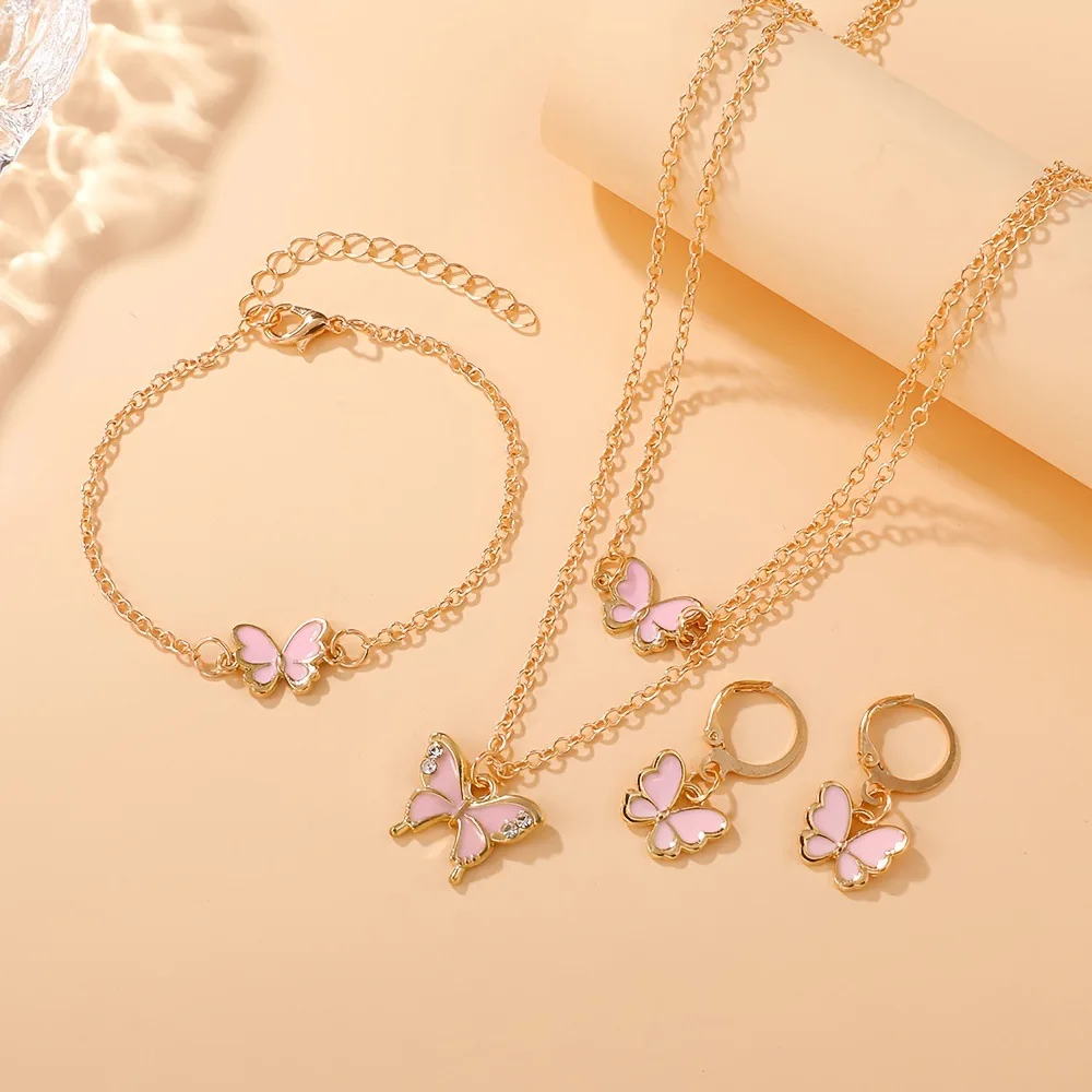 طقم مجوهرات على شكل فراشة متعددة الألوان مكون من 4 قطع - قلادة من المينا الذهبية اللون وأقراط وسوار وإكسسوار للحفلات اليومية طراز Y2K