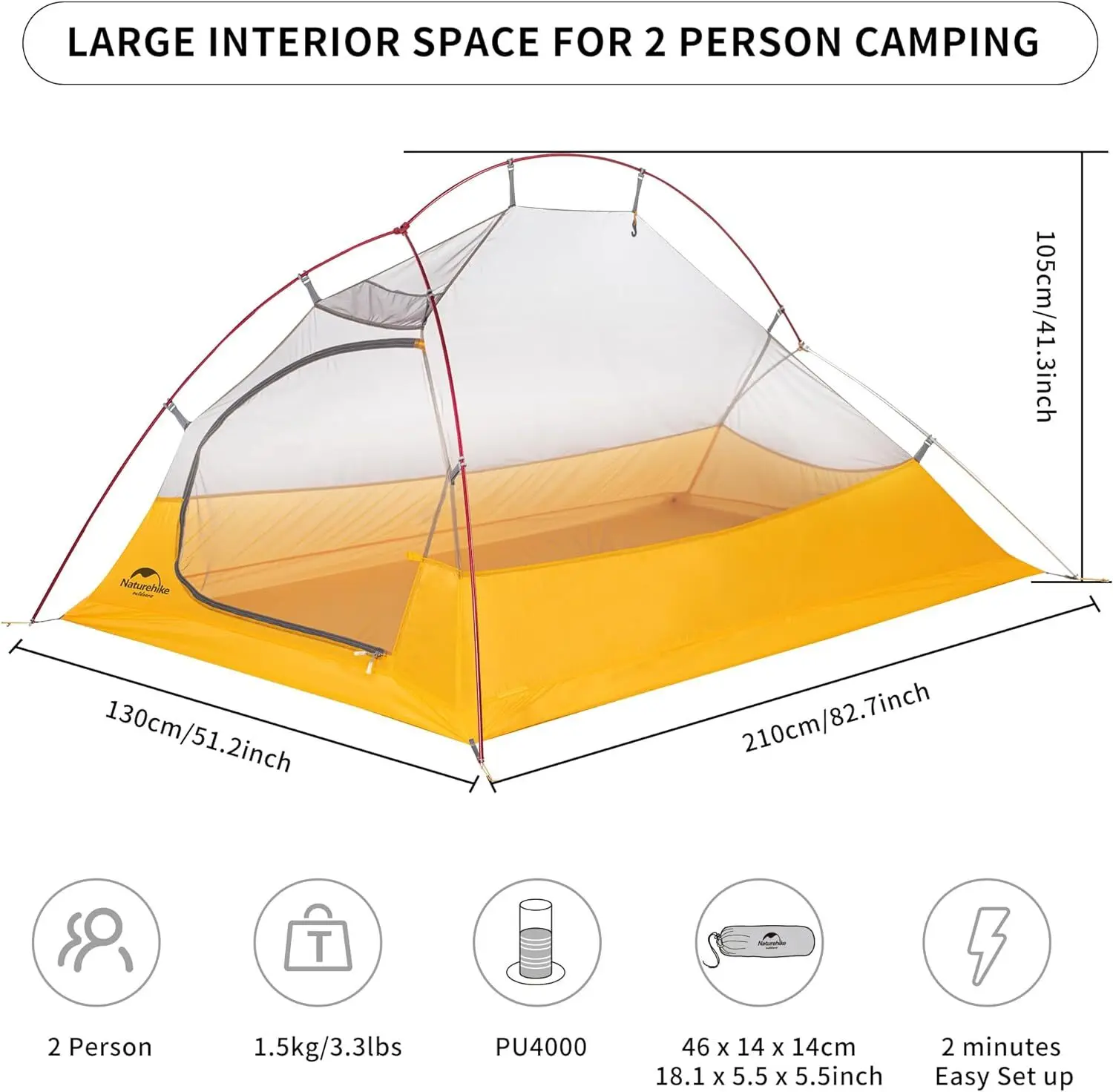 Cloud-Up 2 Person Tent Lightweight Backpacking Tent with Footprint - Free Standing Ultralight Camping Hiking Backpack Tents