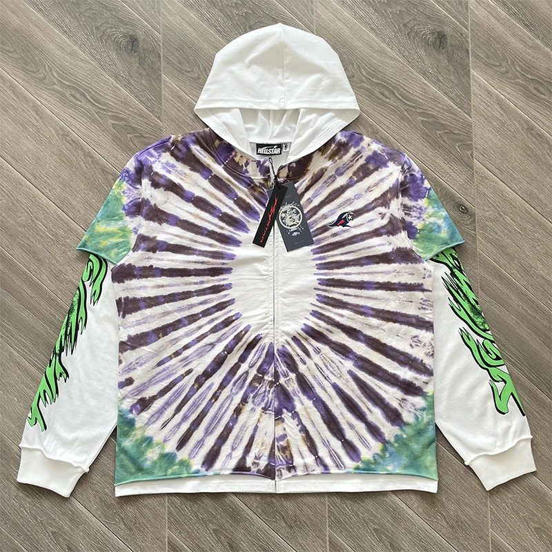 

Hellstar Studios Embroidered Tie-Dye Patchwork Hoodie Loose Fit Open Cardigan Sle Youth Faion Autumn Wear