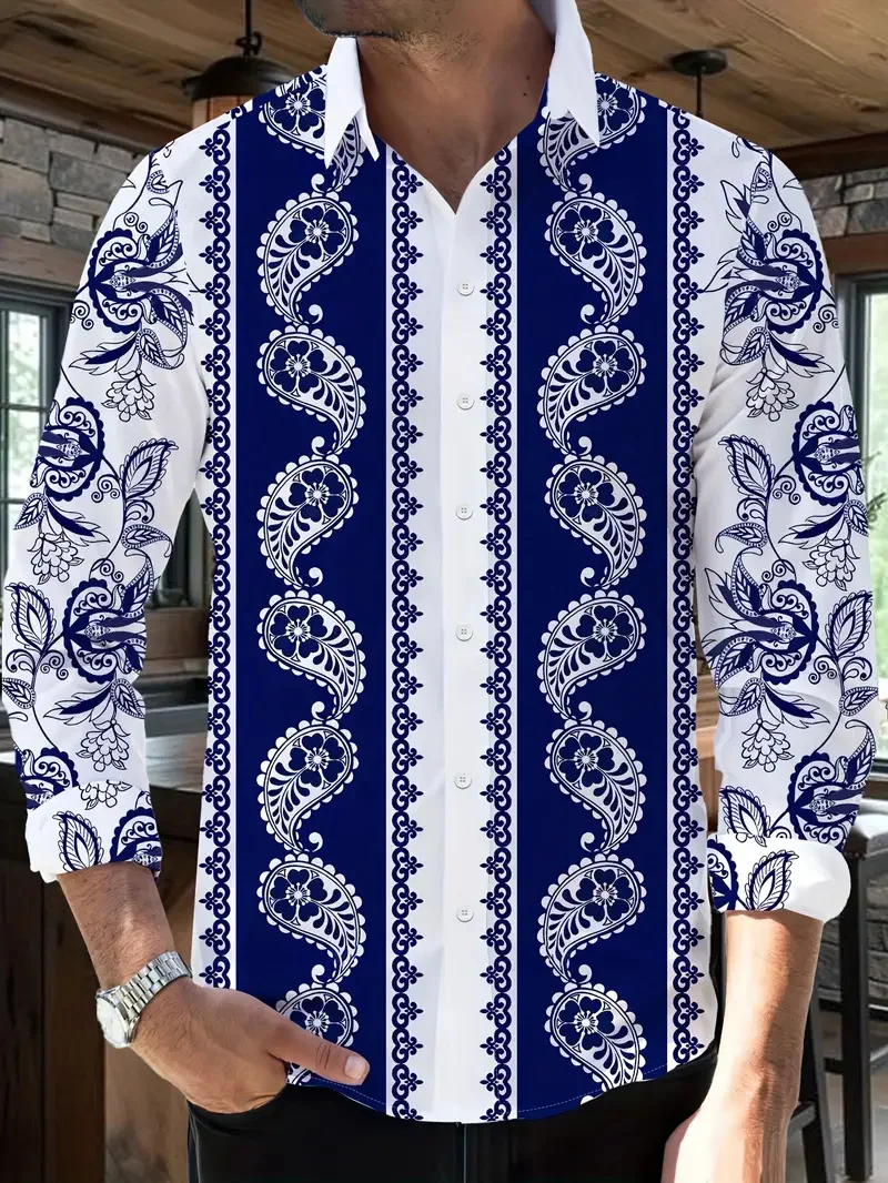 

Men's Fashion Flower Printed Shirt Vintage Style Printed Men's Casual Button Long Sleeve Shirt Men's Clothing Top Fit