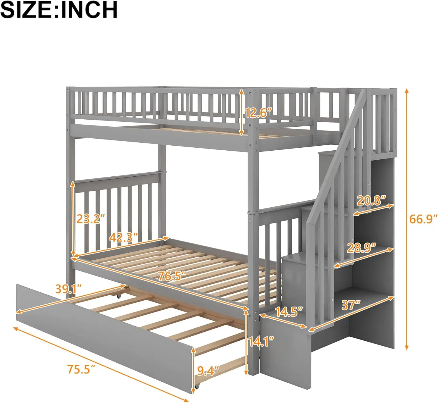 Harper & Bright Designs-Lit double superposé, escalier et tronc, bois massif, cadre de lit superposé avec rangement, canette