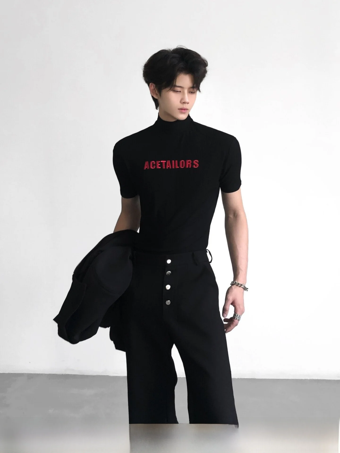 

Ace Tailors Men's Slim Fit T-Shirt Embroidered Letter Half High Collar Short Sleeve Casual Fashion Breathable Comfortable