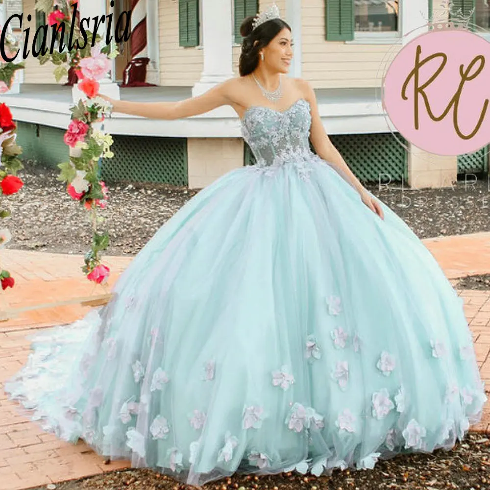 Vestido De baile plisado De flores 3D, ilusión azul claro, quinceañera, apliques De corazón, corsé De encaje, 15 Años