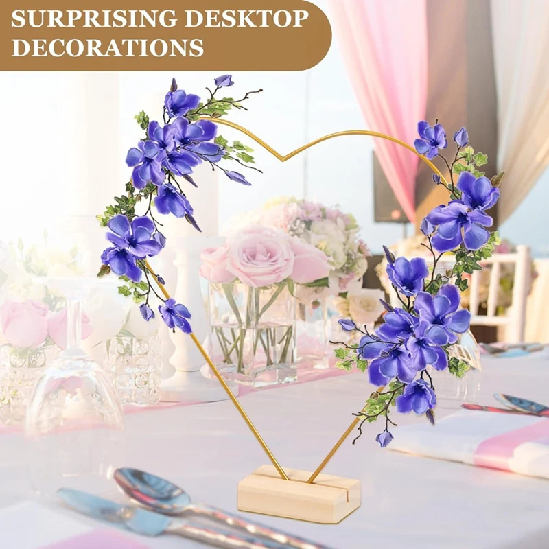 HOT-10Pcs Floral Hoop Centerpiece, Heart Shaped Wreath Ring, Metal Wreath Frame With Wood Base,For DIY Decoration Crafts