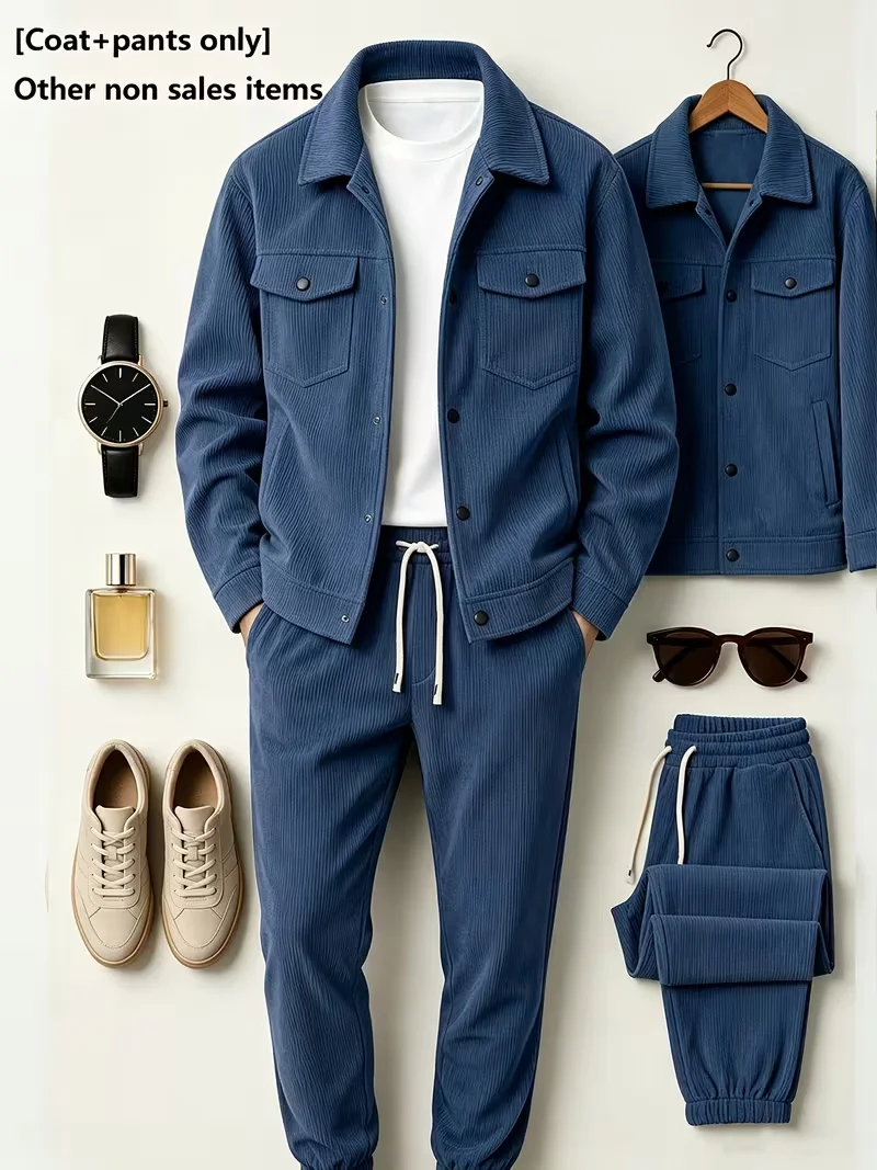 Men Corduroy 2‑Piece Outfit, Lapel Button Jacket and Drawstring Jogger Pants Set, Casual Daily Wear Men Suit