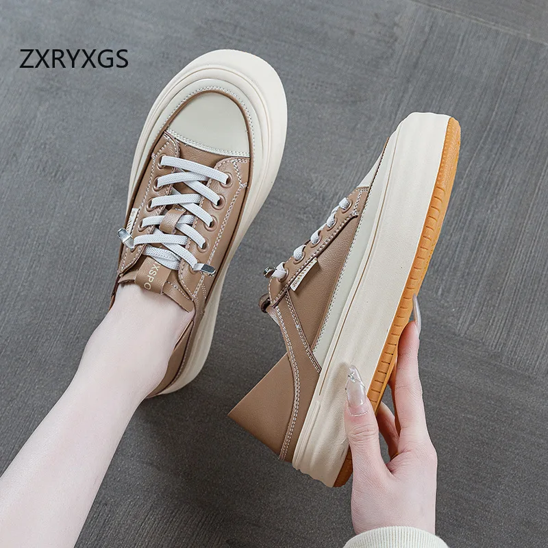 ZXRYXGS Genuine Leather Spell Color Fashion Casual Sneakers  2025 Popular Comfortable Flat Thick Sole Women Sneakers Trend Shoes