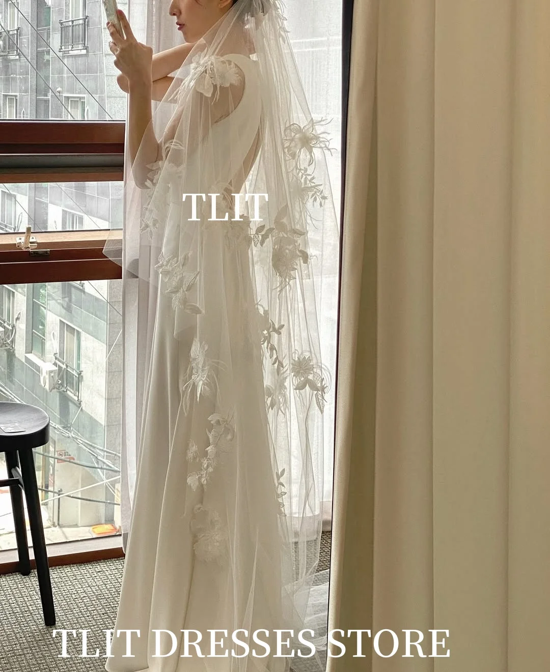 TLIT أنيقة طبقة واحدة العروس الزفاف الفالس الحجاب تول الحجاب الزفاف غطاء الرأس والأزهار يزين قطع حافة مخصصة للنساء