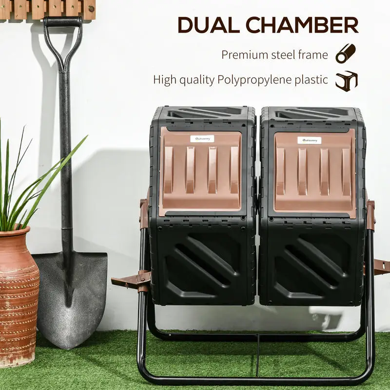 

Outsunny Dual Chamber Compost Tumbler Bin, Outdoor Tumbling Composter with 24 Ventilation Openings and Steel Legs, 34.5 Gallon