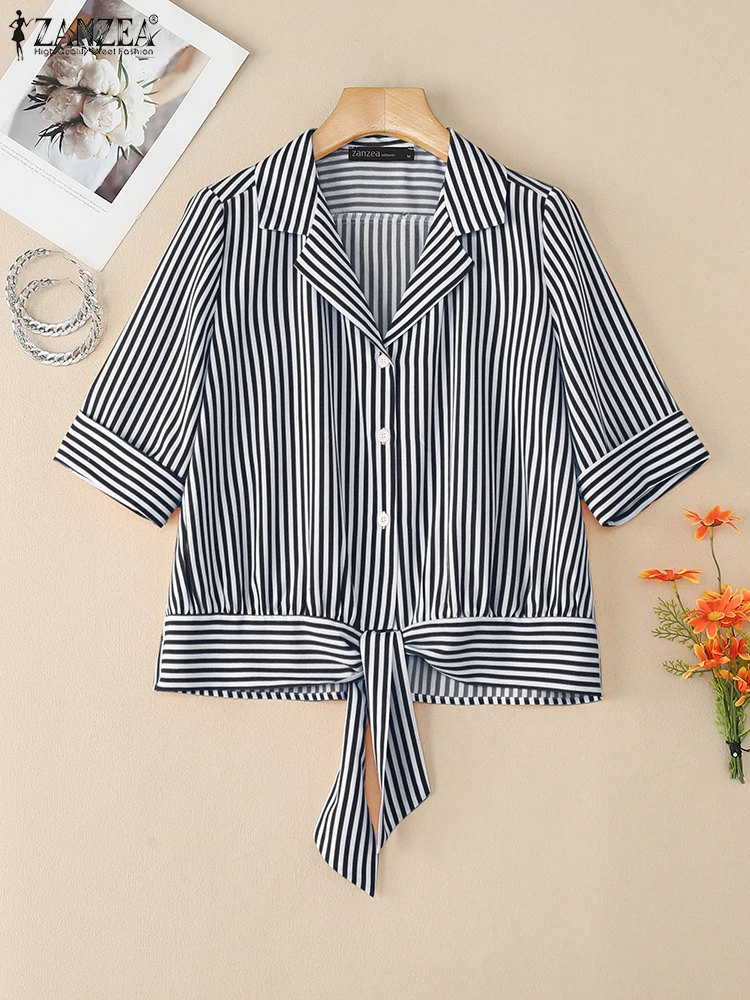 

2025 ZANZEA Summer Fashion Shirt Office Striped Blouse Women Lapel Neck Short Sleeve Blusas Elegant Holiday Shirts Lace -Up Tops