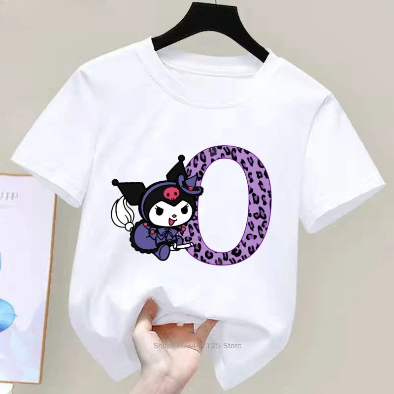 Kuromi Anime Letter A-Z Children's Short-sleeved New Sanrio Summer T-shirt Clothes Girly Heart Soft Clothes Kawaii Birthday Gift