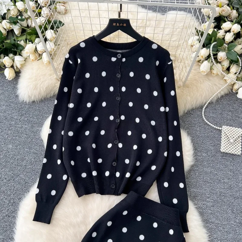 Neploe French High-End Small Fragrance Style Two Piece Set Femme 2024 Autumn O-Neck Polka Dot Knitted Sweater Hip Bag Skirts