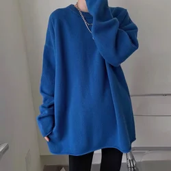 Senior 100% pure cashmere sweater women Klein blue sweater round neck loose thickened medium long knitted sweater