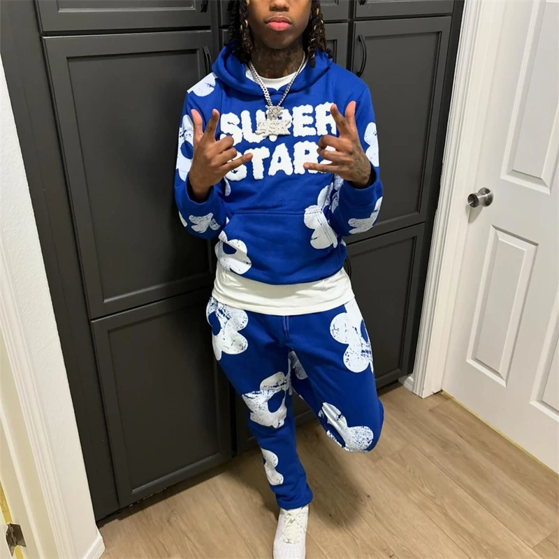 Autumn And Winter Trendy Set Superstar Printed Hoodie Sweatpants Hip Hop Flower Pattern Dressing