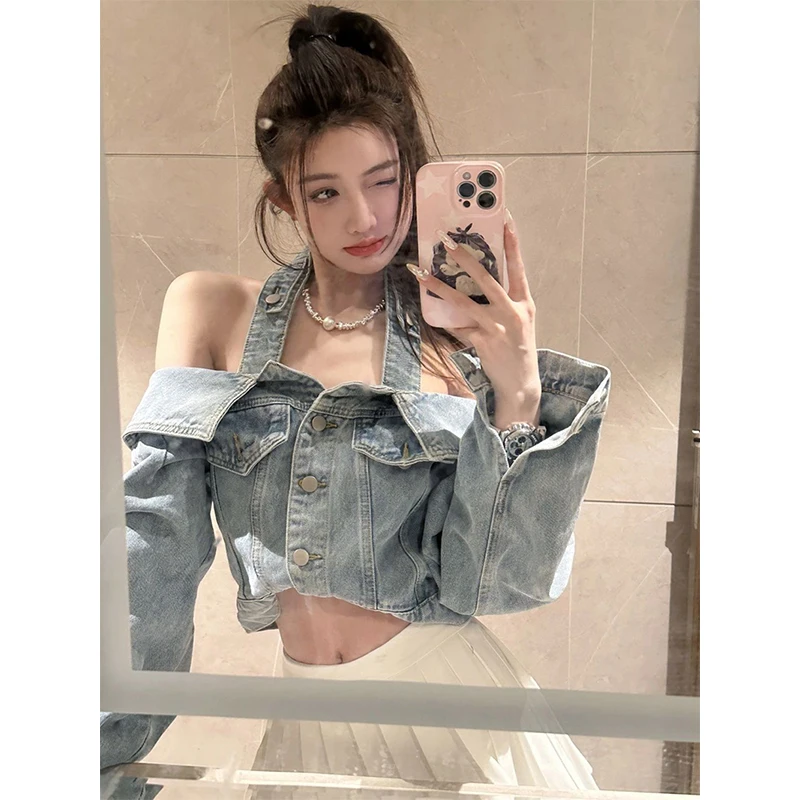 Y2K Cropped Denim Jackets Women Vintage Slash Neck Jeans Coat Streetwear Sexy Halter Long Sleeve Casual Design Outerwear Tops