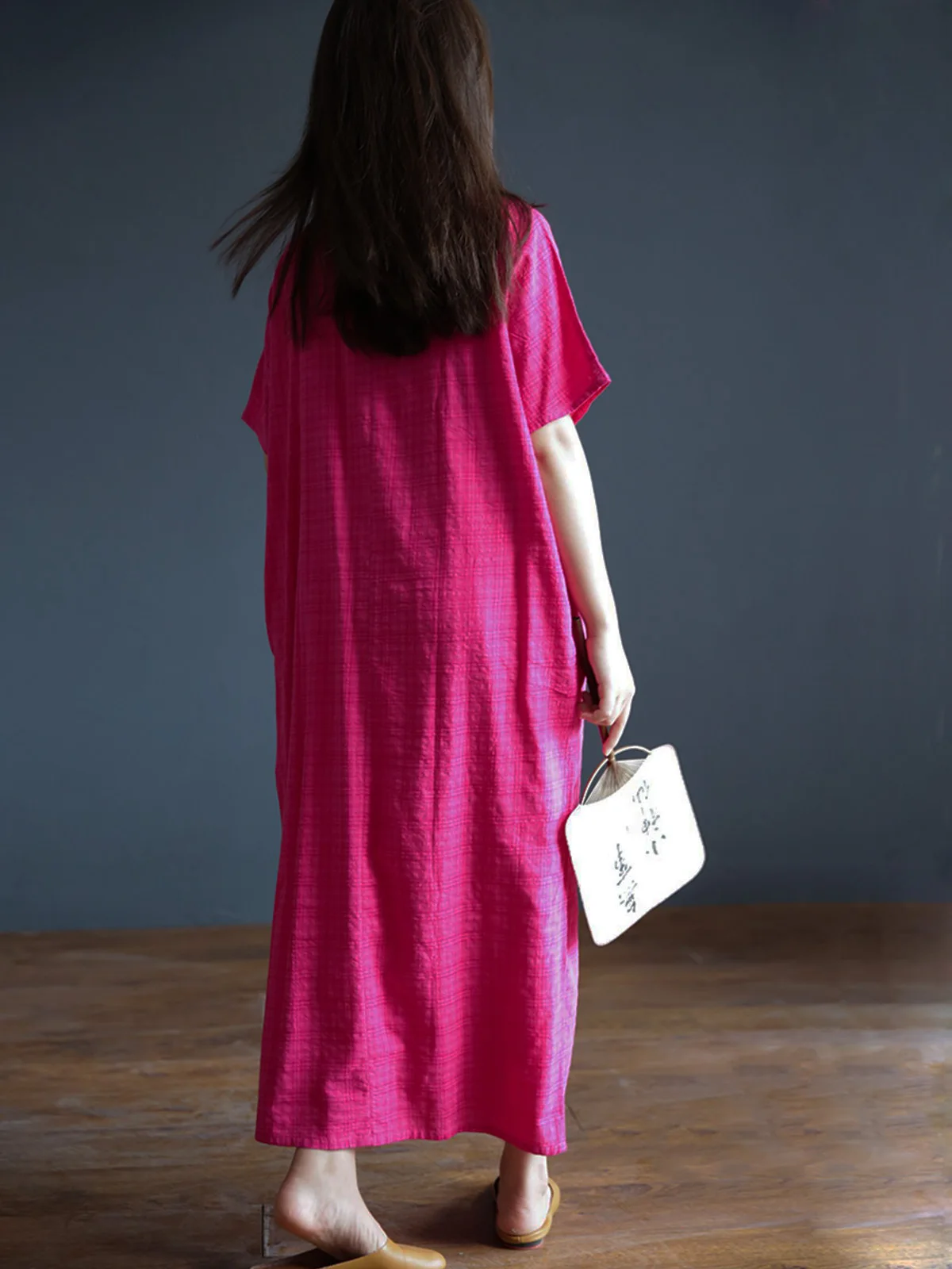 Zomer Vintage Geruite Jurk Met Korte Mouwen Vrouwen Losse Bamboe Katoen Chinese Casual Disc Gesp Jumper Cheongsam Lange Jurk