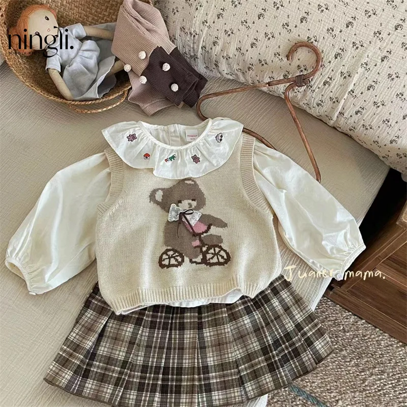 Autumn Baby Girls 3PCS Clothes Set Cotton Embroidery Collar Shirts Bear Knitted Vest Plaid Pleated Skirts Suit Kids Girl Outfit