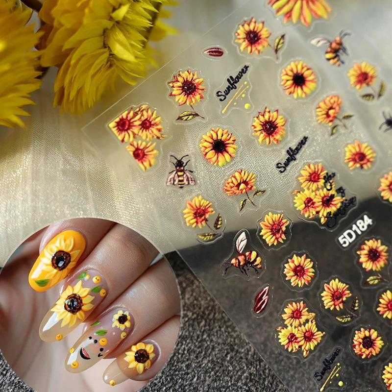 5D Sunflower Relief Nail Sticker 3D Relief Vintage Sweet Cool Butterfly Flower Nail Decoration Sticker Nail Accessories