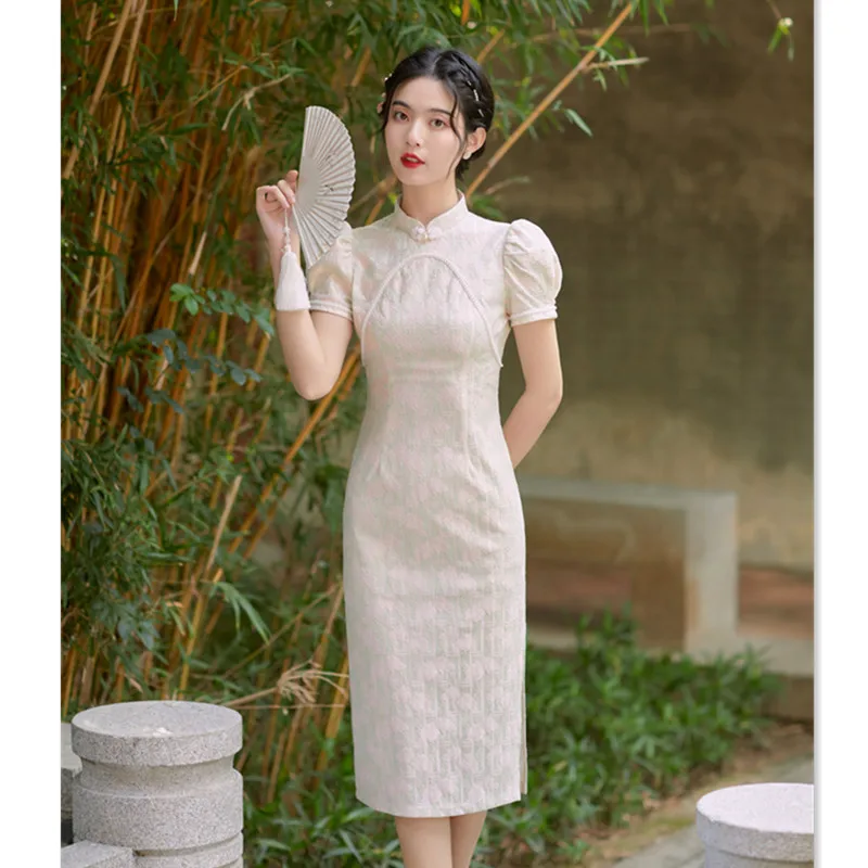Lace Bead Mid-Length Short Sleeve Robe Qi Pao Spring and Summer New Fashion Improvement Daily Cheongsam