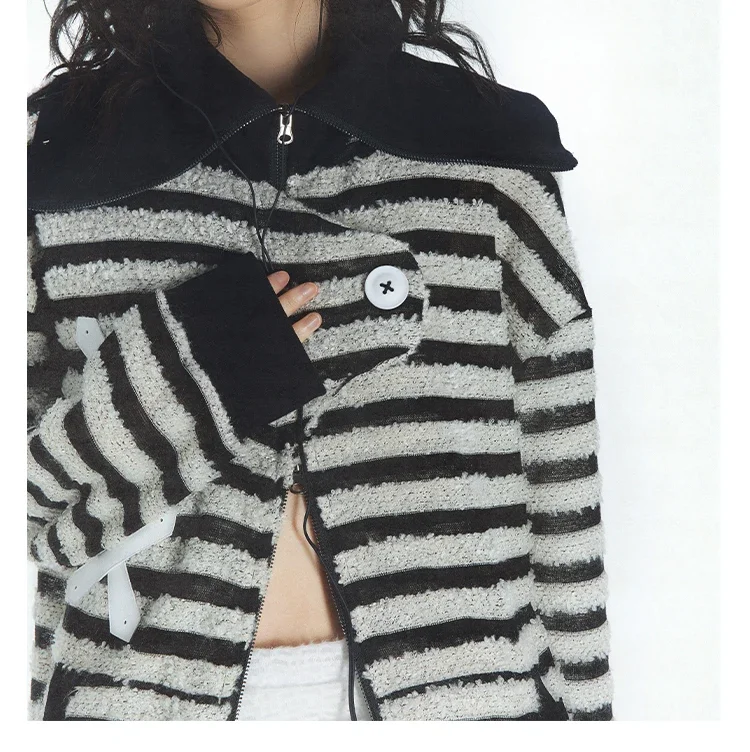 Y2k Subculture Punk Stripe Knit Women's Sweater Korean Fashion New Outerwear Tops New Hood Sweater Vintage New Features Knitwear