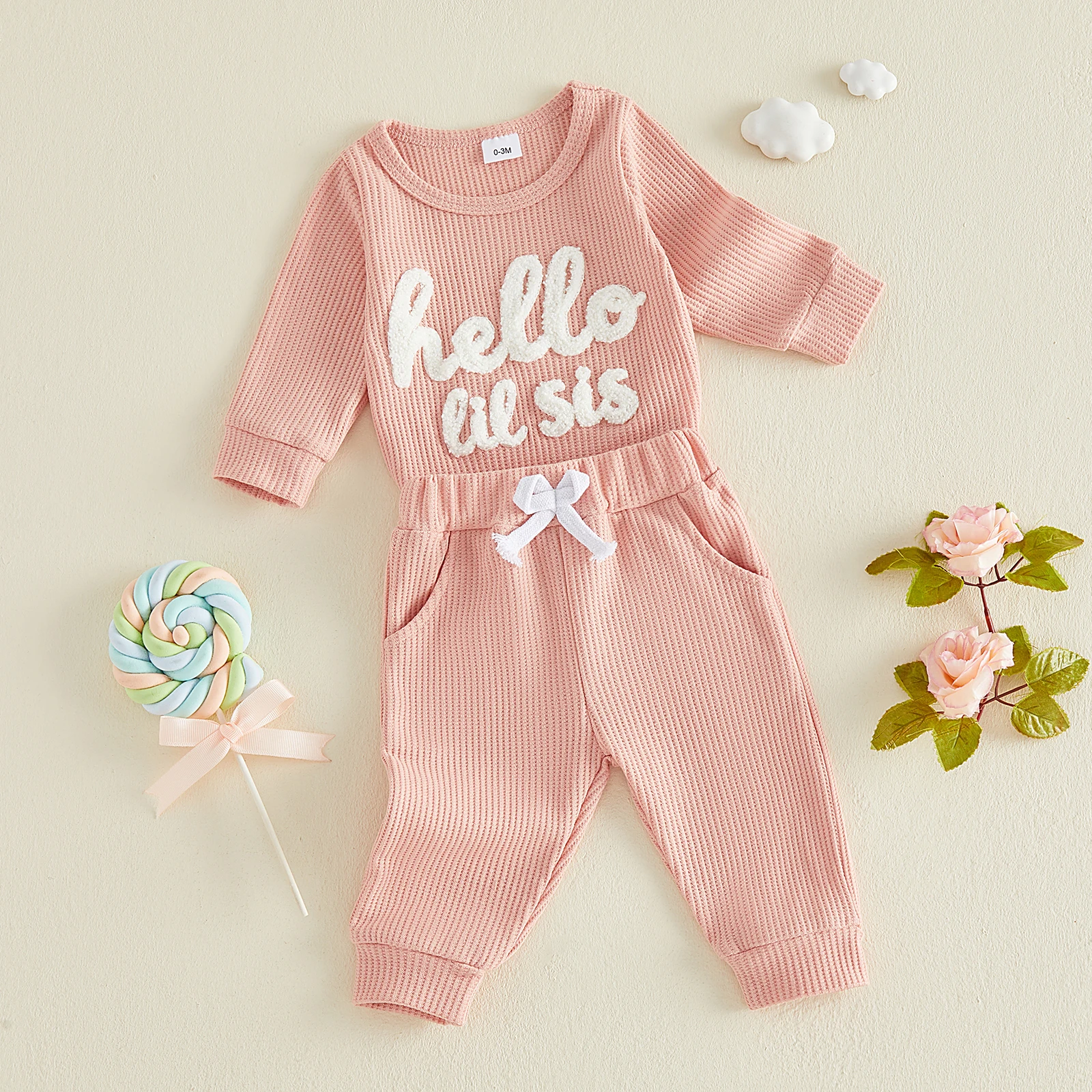 Baby Girls 2 piece Waffle Outfit Set Long Sleeve Crew Neck Embroidery Letters Romper with Elastic Waist Pants Fall Clothes