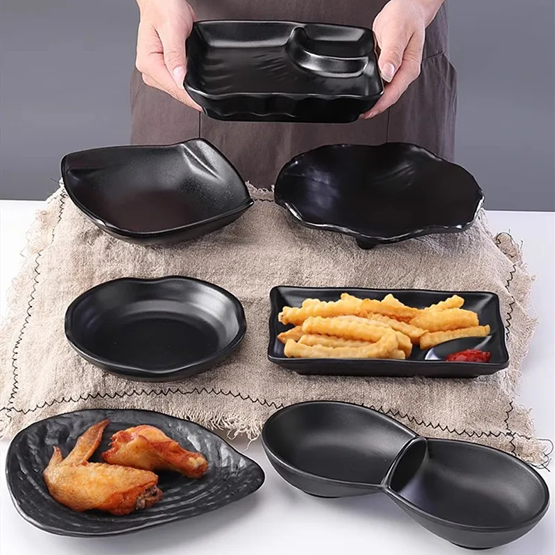 1PC Black Scrub Barbecue Meat Sushi Plate Not Easily Broken Melamine Cutlery Fruit Dessert Storage Plate Kitchen Accessories