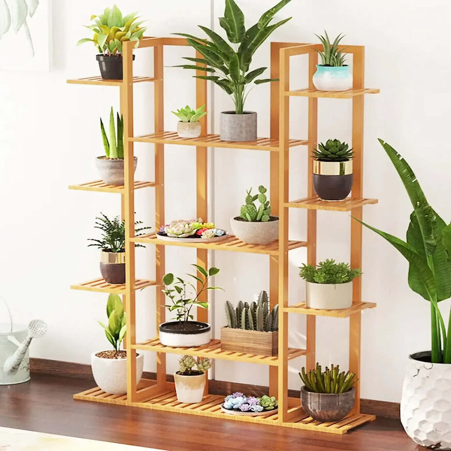 Suporte de bambu para plantas de 9 camadas, vaso de flores, prateleira de armazenamento de livros para jardim, varanda, sala de estar