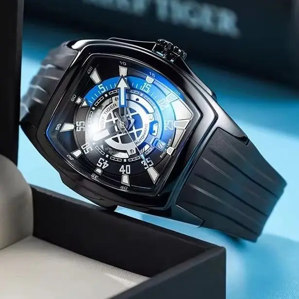 Reef Tiger Men Automatic Watch 42mm Tonneau Mechanical Wristwatch Waterproof Luminous Sapphire Miyota Mov