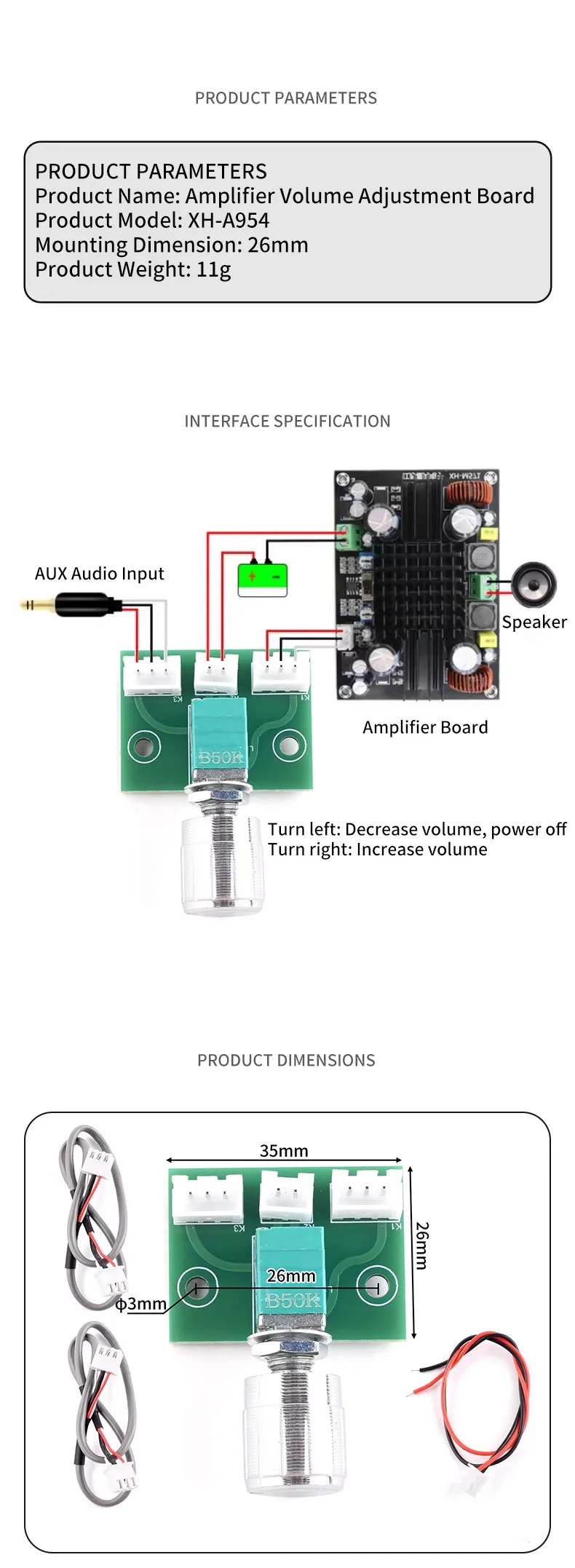 A954 Potentiometermodul, Lautstärkereglerplatine für Verstärkerplatinen, mit speziellem Kabel – Detail 2