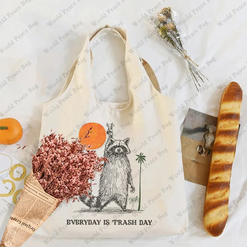 1 pc Everyday Is Trash Day Raccoon pattern Tote Bag Literature Shoulder Bag Illustration Girl Book Bag Travel Harajuku Canvas