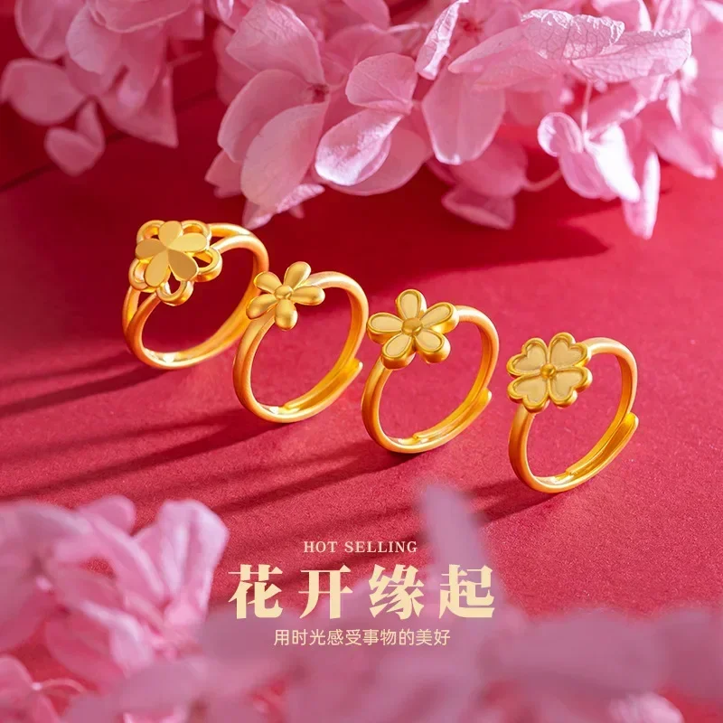 9999 Real Gold 24K Japanese and Korean Sweet Little Flower Girl Ring Vitality Sweet Student Lucky Grass Boutique Living Ring