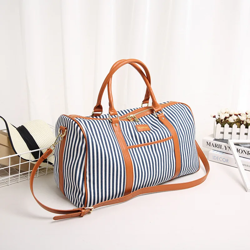 Canvas travel bag Korean striped travel bag Fashion one shoulder crossbody luggage garment duffle bag Handheld fitness yoga bag