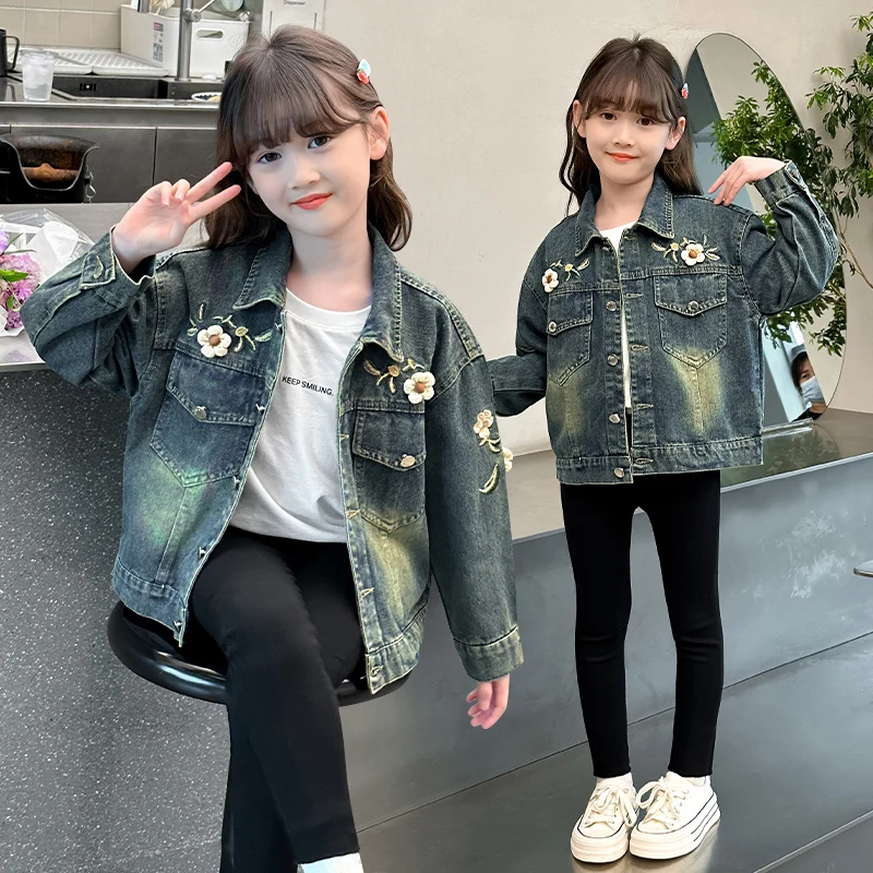 Vintage Dark Blue Children's Denim Jacket with Flower Applique for Teens Girl Casual Streetwear Tops Kids Teenager Fashion Coat