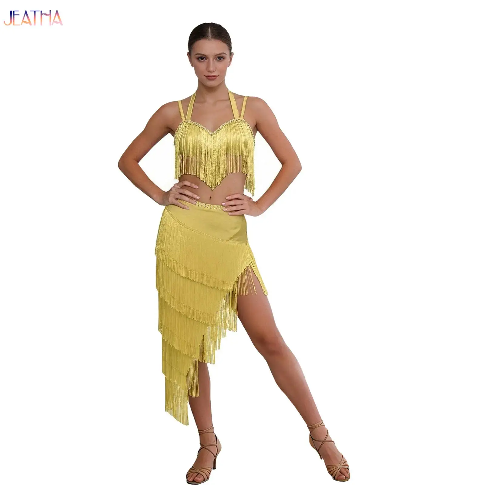 

Womens Professional Latin Dance Dress for Adults Tassel Belly Dance Performance Costumes Tiered Tassel Tops&Skirt Ballroom Dance