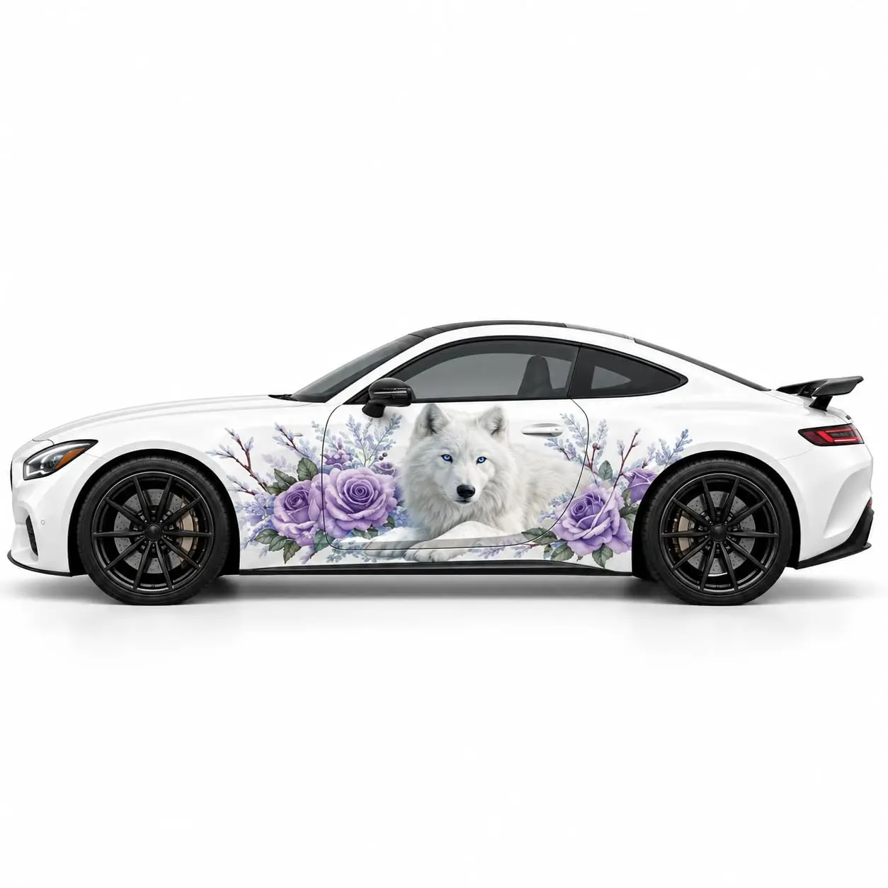 White Wolf Purple Roses Car Side Vinyl Wrap Decal Sticker