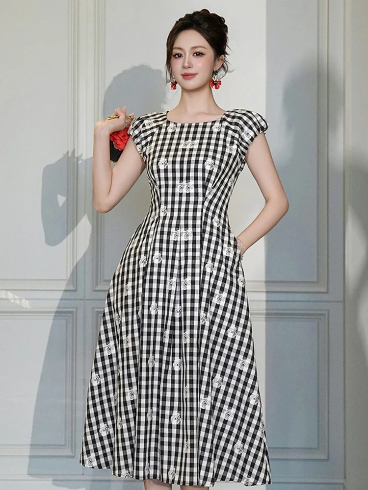 Damska Sukienka Midi w Czarno-Białą Kratę z Kwiatowym Nadrukiem, Retro Bufiaste Rękawy, Dopasowana Sukienka na Imprezę, Koktajl, Vestidos Femme Casual Letnia Nowość