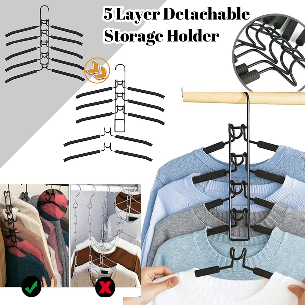 Multi-Tier Hanging Closet Hanger 5 Layer Detachable Storage Holder  Space Saving One-Piece Clothes Hanger for Coats Shirts Dress