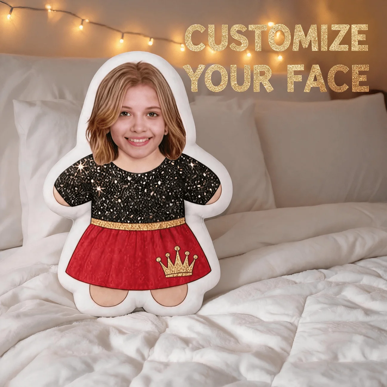 Custom Personalized Photo Shaped Pillow, Smiling Face with Crown And Glitter Dress Design Decorative Cushion, Unique Home Decor