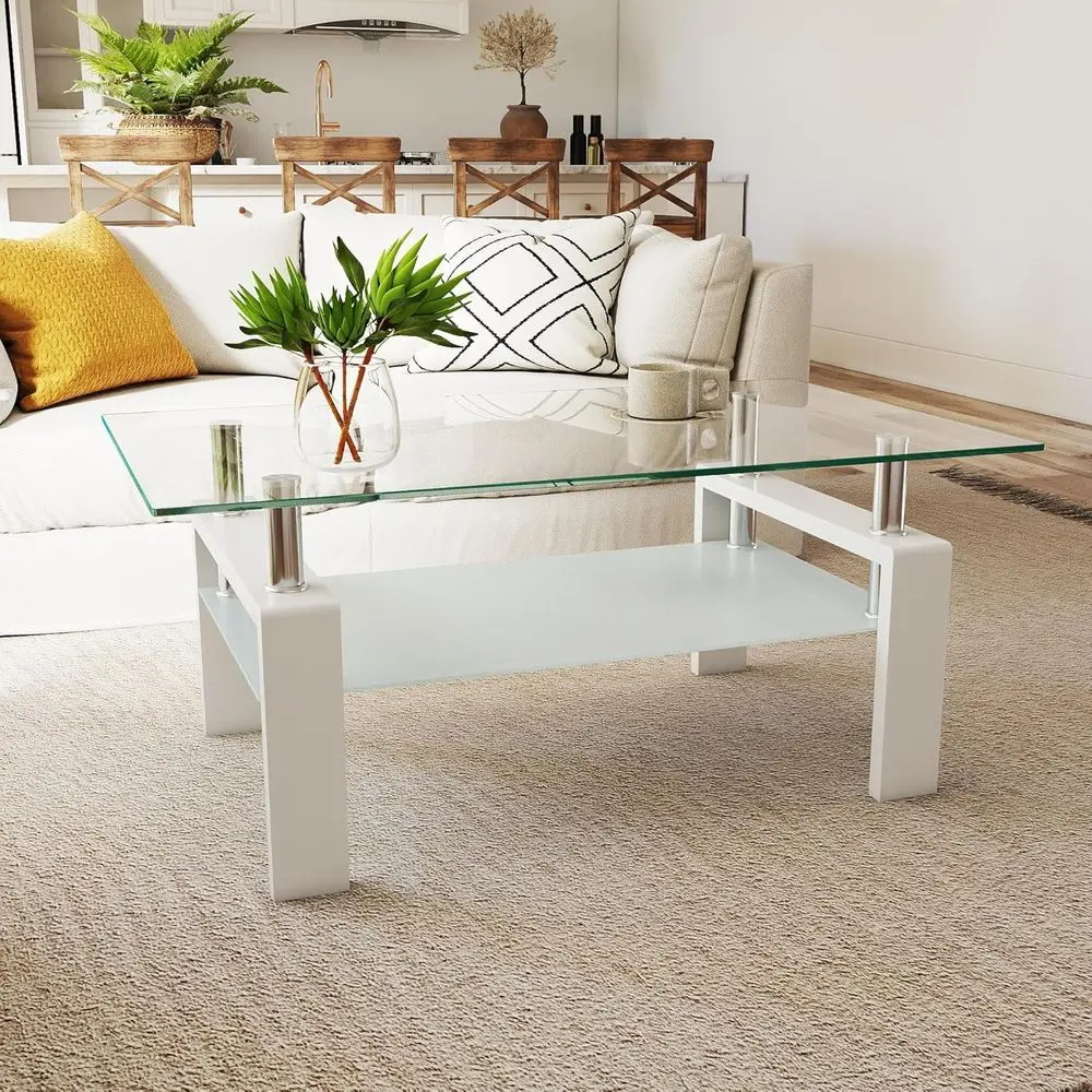 

Modern Metal Tube Coffee Table, Clear Glass Top for Living Room (Elegant White)
