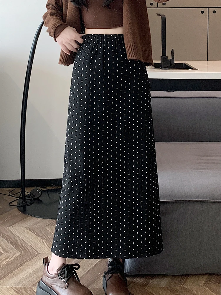 Elastic High Waist Polka Dot Skirts Women Back Split Straight Skirts Elegant Casual Long Skirt Maxi Korean Fashion Black Skirt