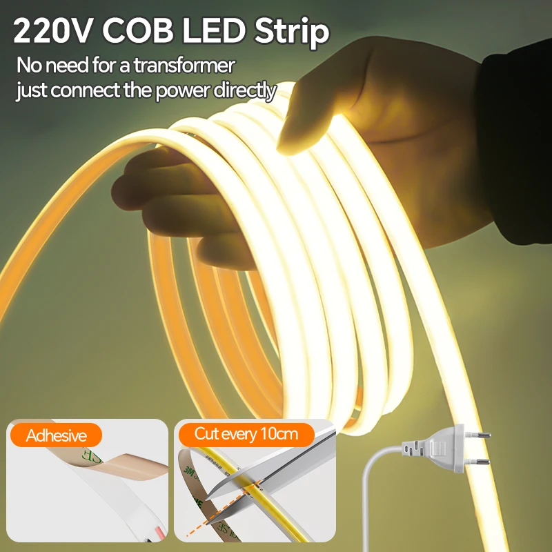 

220V RA95 High Bright COB LED Strip 240LEDs/M Cuttable IP67 Waterproof No Driver EU Plug Flexible Adhesive for Indoor Outdoor