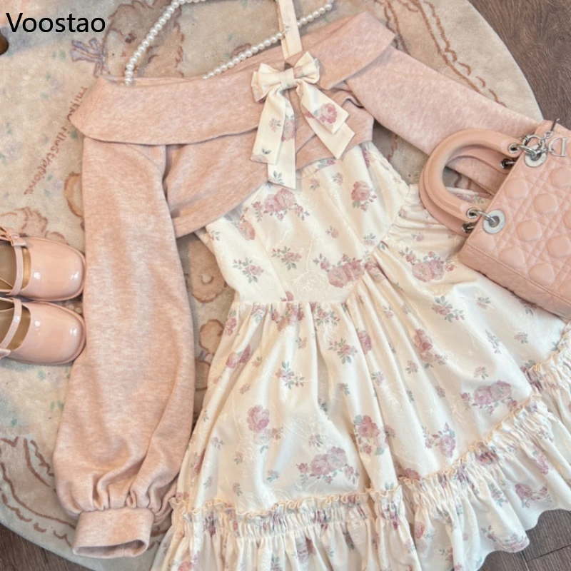 Conjunto de vestido de 2 peças estilo doce Lolita para mulheres, casaco rosa com malha, mini vestido floral kawaii, moda coreana feminina, terno de