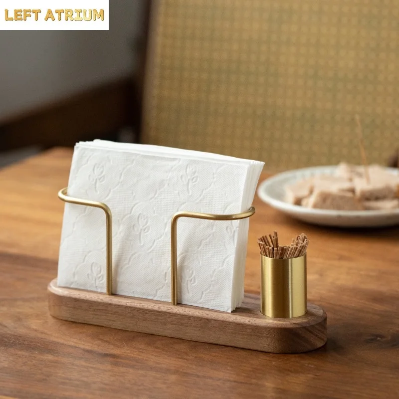 HeMu Walnut Wood & Brass 2-in-1 Napkin Holder with Toothpick Dispenser – Elegant Table Organizer for Kitchen, Dining Room & Cafe