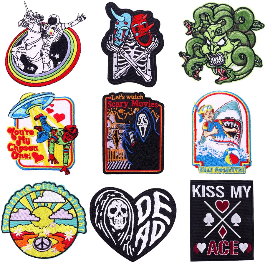 

Hippie Punk Rock Embroidery Patches Creative Death Spaceship Iron on Stickers Fashion Chest Badges Clothes Bags Hats Accessories