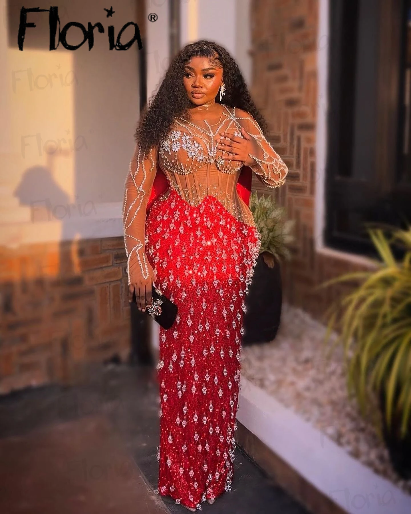 Aso Ebi Red Prom Dresses With Heavy Crystals for Black Girl Long Sleeve Formal Wedding Party Dress Bespoke Occasion Dresses